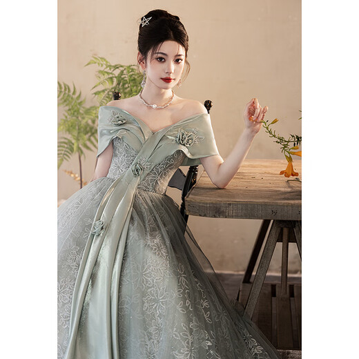 Fuling Art Examination Dress Music Student Piano Performance Evening Dress Evening Dress Women Light Luxury Niche High-End Beautiful Coming-of-Age Ceremony Green Champagne Gold Long Version