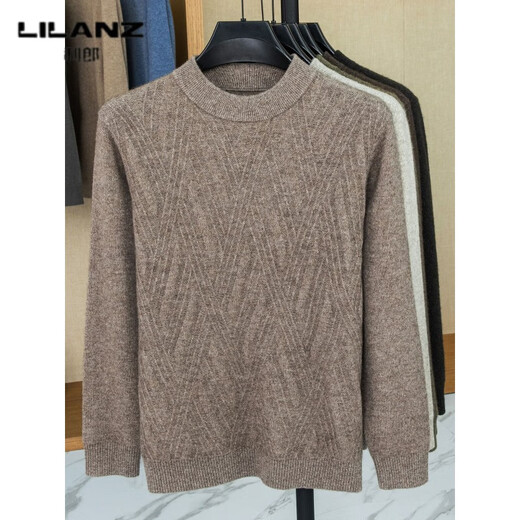 Lilan's new yak wool sweater men's round neck thickened sweater middle-aged and elderly dad wear winter 400g sweater tobacco leaf brown thickened 4XL (190)