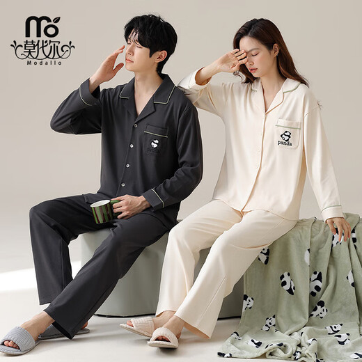 莫代尔纯棉情侣睡衣男女款春秋季开衫长袖休闲舒适女士睡衣家居服套装 02D16802女 02D16802男 XL 女M+男
