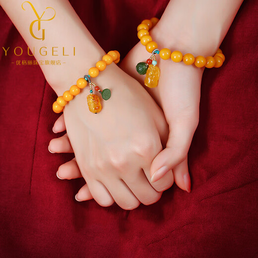 Yogurt natural beeswax bracelets for women, yellow round beads, amber beeswax single circle Pixiu accessories bracelet, beads 8mm