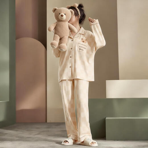 Bo Na Ling couple pajamas for one man and one woman, summer and autumn cardigan long-sleeved trousers, casual men and women can wear pajamas, home clothes set, couple pajamas bear style, men's XL