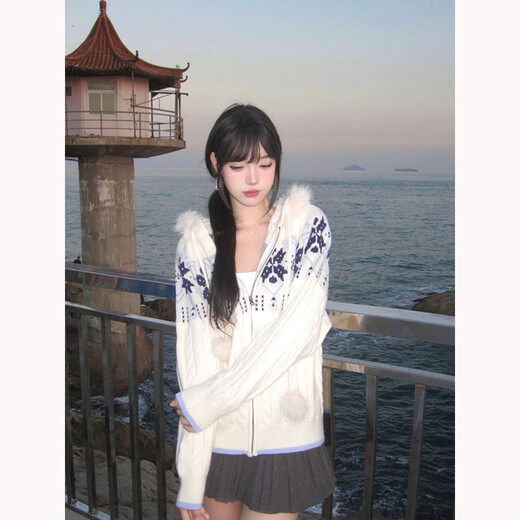 Clothing Yuan Fair Isle Sweater White Zipper Jacket Women's 2025 Autumn and Winter Popular Lazy Style Twist Hooded Knitted Cardigan White One Size (85-125Jin Jin is equal to 0.5 kg)