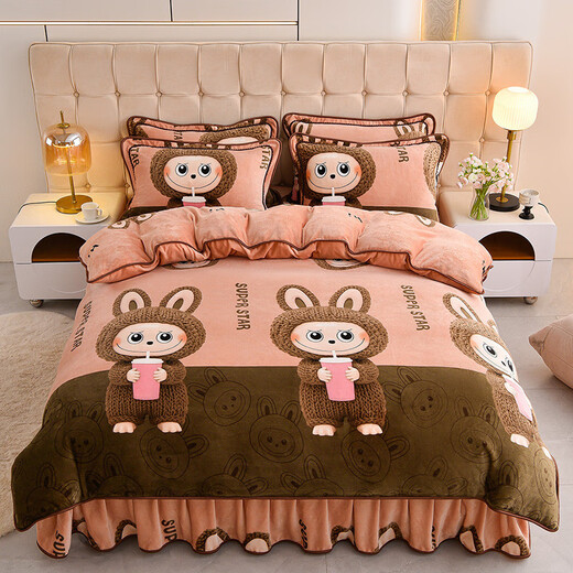 Fantasy winter thickened milk velvet four-piece set, coral velvet double-sided flannel bedding, quilt cover, bed skirt, labubb type A, suitable for infants, bed sheet style, 1.8m bed four-piece set, quilt cover 220x240cm
