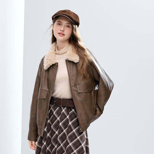 Betu Women's 2025 Winter New Short Jacket Particle Lapel Eco-Friendly PU Leather Trendy Jacket Women 2511T33 Brown L