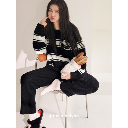 Beiyan Half Velvet Couple Pajamas for Men and Women New Autumn and Winter Striped Coral Velvet Warm Home Clothing Casual Outerwear Suit F60621 Men's L