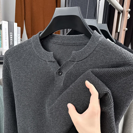 ERDOS Ordos city's new autumn henley collar long-sleeved men's sweater solid color 2025 pineapple pattern texture dark gray M - recommended 100-125Jin Jin equals 0.5 kg