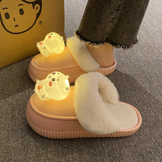 HONGSILINYI detachable cotton slippers for men and women with lights cartoon outer wear comfortable winter indoor warm non-slip outer wear couple white luminous 2589 luminous Jijiwa removable and washable 36 37