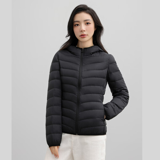 HY&CO Light Warm Down Jacket Women's Winter Short Commuting Fashion Solid Color Slim Versatile Hooded Jacket Black XL
