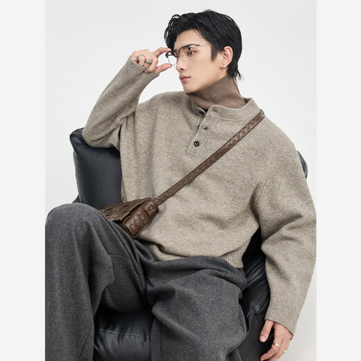 Piaget Zall 25 Autumn and Winter Henley Collar Design Knitted Sweater Men's Color Pullover Bottoming Sweater Loose Top Mocha Color S _165