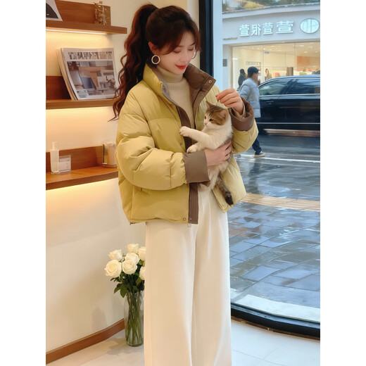 Lu Wang Lian Xue Korean Contrast Color Down Cotton Jacket Women's Winter 2025 New High-end Western Style Small Short Thickened Cotton Jacket Yellow M 105-120Jin Jin is equal to 0.5 kg