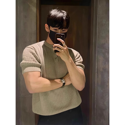 Summer Henry collar knitted short-sleeved T-shirt men's Korean style loose casual design top niche half-sleeved T-shirt black one size X2XL