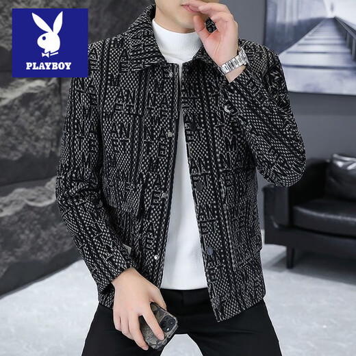 Playboy winter velvet thickened jacket men's trendy and handsome slim fit lapel casual short woolen windbreaker jacket apricot velvet XL recommended 130-150Jin Jin equals 0.5 kg