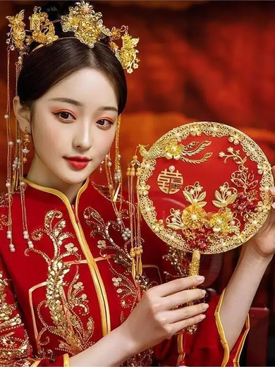 Yusen Yi Tuan Fan Wedding Bride Wedding Tuan Fan Ancient Style Finished Chinese Style Wedding Xiuhe Fan Happy Fan Finished Material Package Pearl Hongxi Factory Direct Sales Finished Product