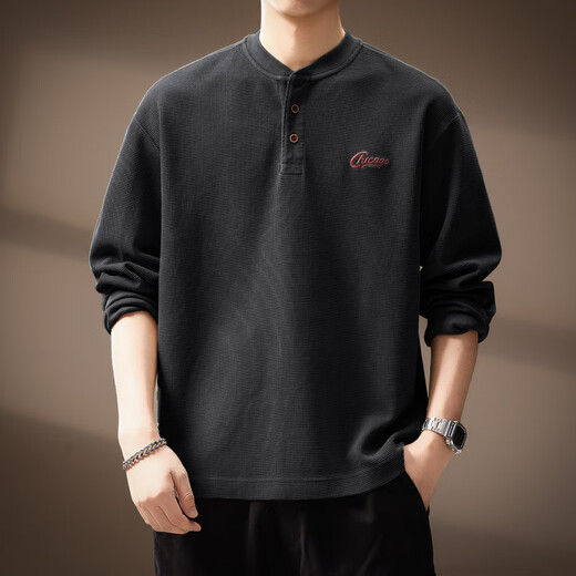 AX Armani broken code 2026 high-end Japanese retro waffle sweatshirt men's autumn new trendy brand Henry collar loose black M suitable for 100-120Jin Jin equals 0.5 kg