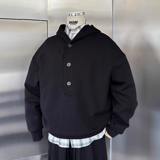 Selected vintage 350g air layer henley collar loose hooded sweatshirt for men black black S