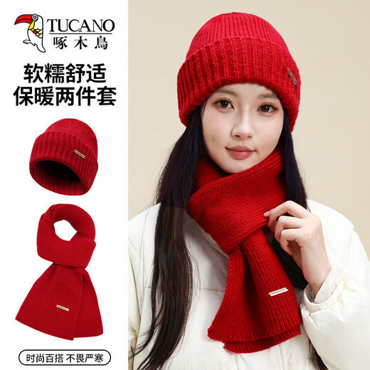 Woodpecker red hat and scarf two-piece suit for women, winter warm woolen hat and scarf as a New Year's birthday gift for girls