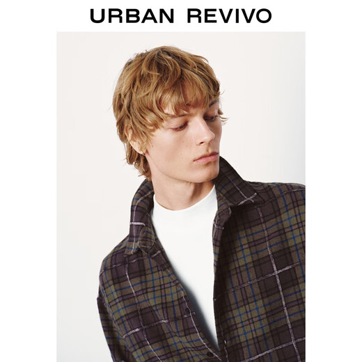 UR star same style 2026 spring new men's trendy velvet plaid cardigan shirt UUV250027 dark brown green plaid S