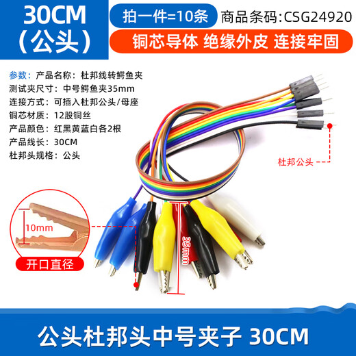 Dafuri Colorful Dupont Cable with Alligator Clip Dupont Male and Female Head to Alligator Clip Wire Test Clamp Wire Connecting Wire Male Dupont Head Medium Clip 30CM (10 Strips 1 Bundle)