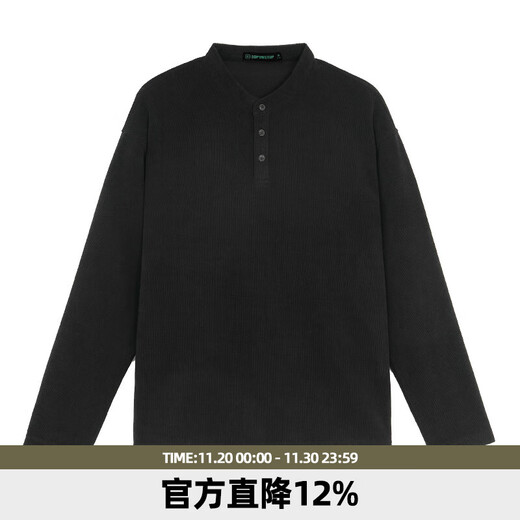 BD.POWER UP+ Autumn Henley collar long-sleeved sports T-shirt for men simple solid color textured pullover bottoming shirt for men loose black T-shirt S within 60kg