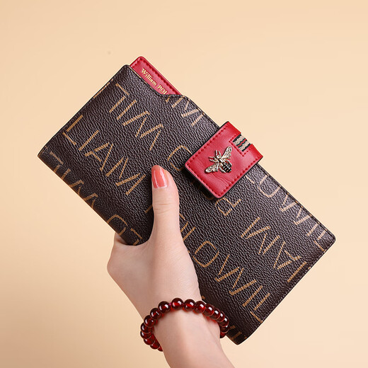 British Paul anti-theft brush wallet for women, long leather wallet, large capacity, multiple card slots, multi-functional clutch bag, female birthday gift, red first-layer cowhide, anti-theft brush, anti-degaussing, wrist strap - 18 card slots