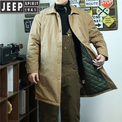 JEEP SPIRIT British yuppie mid-length Balmakken windbreaker coat cotton winter loose military style parka cotton coat men Khaki (cotton style) loose version S 140Jin Jin is equal to 0.5kg -150Jin Jin is equal to 0.5kg
