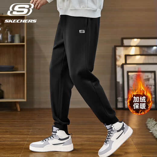 Skechers fleece sports sweatpants for men, warm, slim, versatile and loose, 2025 autumn and winter new style leggings trousers -0018 Carbon Black S (165)