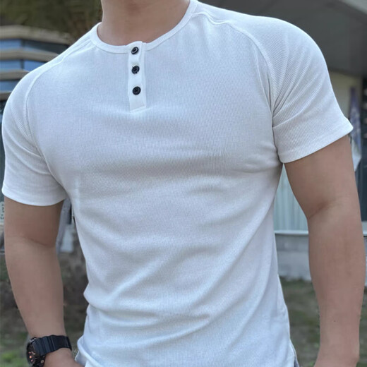 Summer casual American retro Henley shirt short-sleeved fitness tough guy T-shirt men's slim heavyweight thick threaded bottoming shirt Gray M Recommended weight 50-60kg