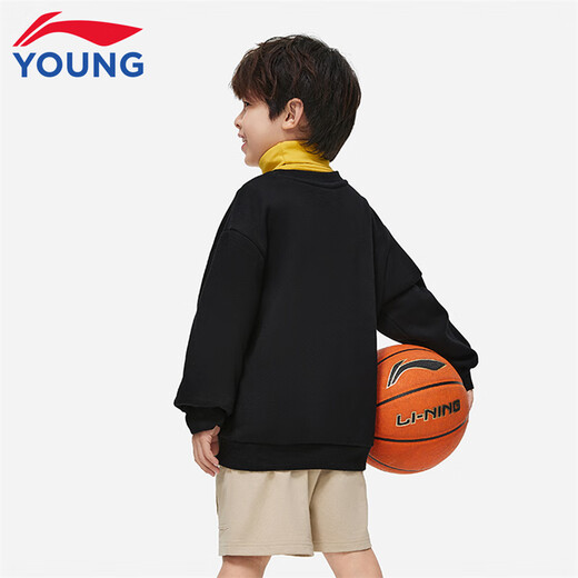 Li Ning children's sweatshirt for men and women, autumn and winter new thickened warm round neck loose casual children's sports and leisure sweatshirt black 73-3 plus velvet 160