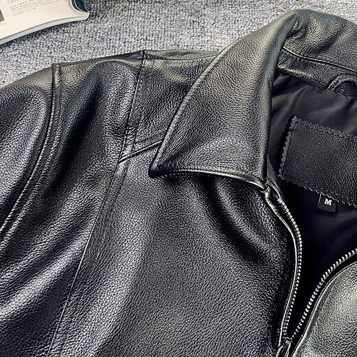 Hong Kong Style Genuine Leather Jacket 90s New Top Layer Calfskin Jacket Retro Loose Lapel Jacket for Men and Women Obsidian Black - Calfskin without Cotton XL XL recommended 150-170Jin Jin equals 0.5kg