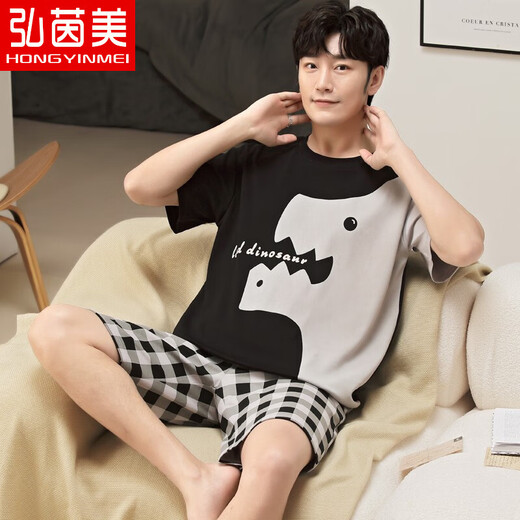 弘茵美夏天睡衣男纯棉短袖卡通夏季男士睡衣薄款全棉家居服青少年学生 XY1098懒熊 M 小码(高150-160 70-90斤)