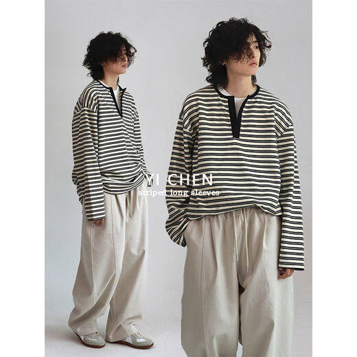 Yichen YICHEN Spring New Henley Striped Long Sleeve T-shirt Half Open Collar Thin Sweatshirt for Men and Women White S S