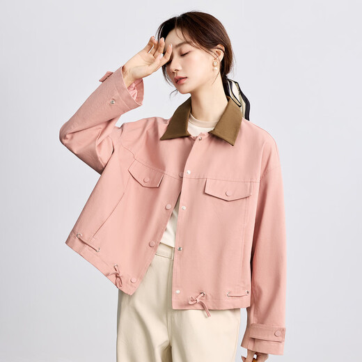 INMAN Pure Cotton Revealable Jacket Women's 2025 Autumn Loose Fashionable Contrast Color Lapel Work Jacket Top Lotus Pink S