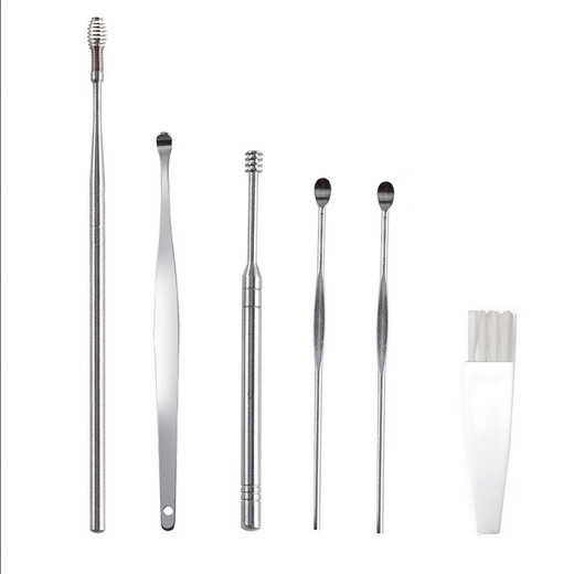 Shantou Lincun household stainless steel ear scoop 6-piece set ear scoop ear picking tool set portable spiral spring ear cleaner 6-piece ear scoop set