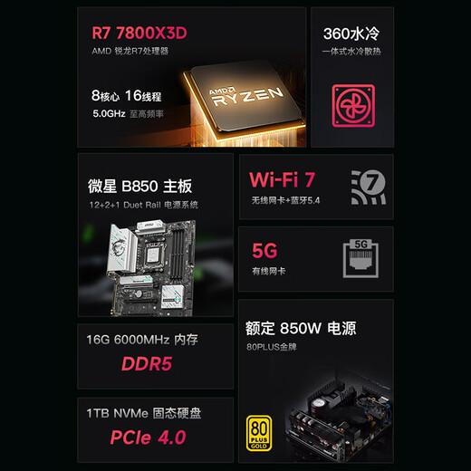 AMD&MSI Aegis ZS2 National Subsidy Ryzen R7 7800X3D/16G/1T/850W Gold Medal E-Sports Game Design Desktop Computer Cardless Host Complete Machine