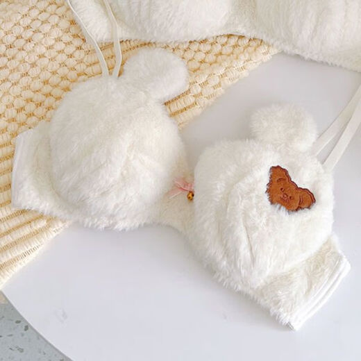 Autumn and winter warm, plush, sweet and super cute push-up red panda cat cute bra set, cat single-piece underwear (no wire) L (75BC 80AB)