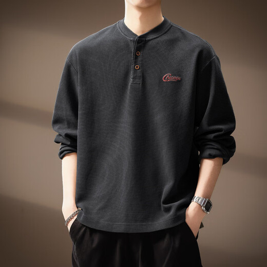 AX Armani broken code 2026 high-end Japanese retro waffle sweatshirt men's autumn new trendy brand Henry collar loose black M suitable for 100-120Jin Jin equals 0.5 kg