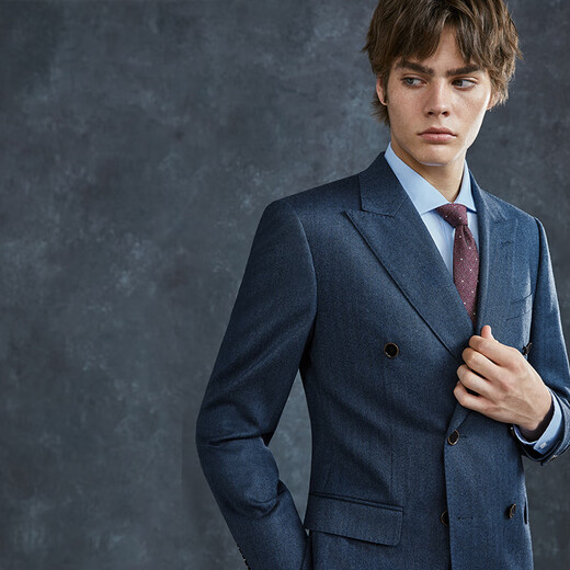 Guillaume de Mons Wool Suit Men's Double-breasted Blue Slim Business Formal Suit Groom Wedding Dress Three-piece Set Blue Top + Pants MXF063 54 Please note the size of the trousers