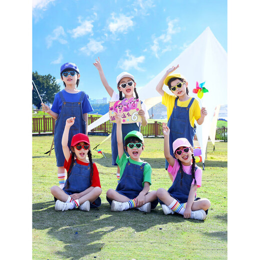 Children's Cheerleader Performance Uniforms Sports Games Opening Ceremony Performance Uniforms Kindergarten Class Uniforms Short-Sleeved Candy Color White Short-Sleeves + Denim Overalls Free Same Style Socks One Size 110cm