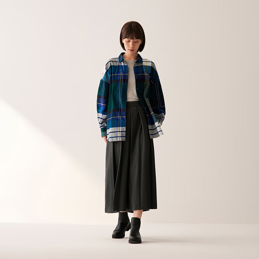 MUJI Women's Flannel Shirt Collar Wide Long Sleeve Shirt Women's Plaid Shirt Jacket 25 Winter Women's Green Plaid S (155/80A)