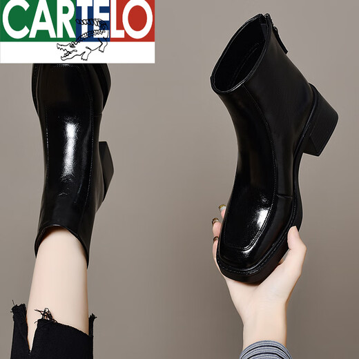 Cardile Crocodile British Style Martin Boots Women's 2025 New Autumn and Winter Square Toe Medium Heel Thick Heel Plus Velvet Ankle Boots Retro Genuine Leather Short Boots High Top Black Single Mile High Top 34