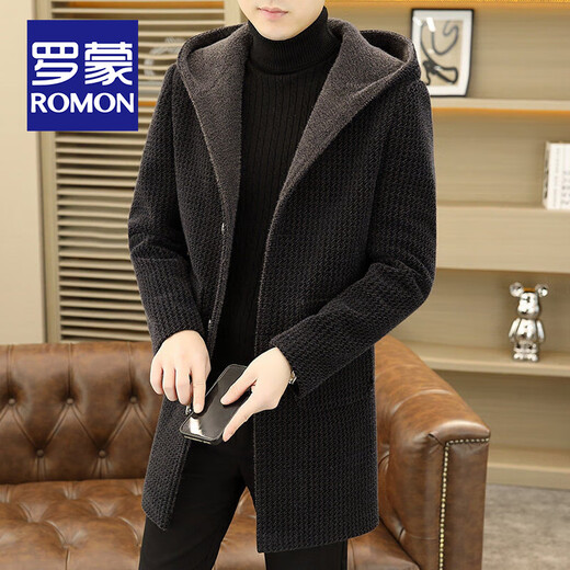 ROMON gold mink hooded woolen coat men's autumn and winter trendy casual mid-length windbreaker jacket thickened woolen coat 2355 gray L about 105-120 Jin Jin equals 0.5 kg can be worn