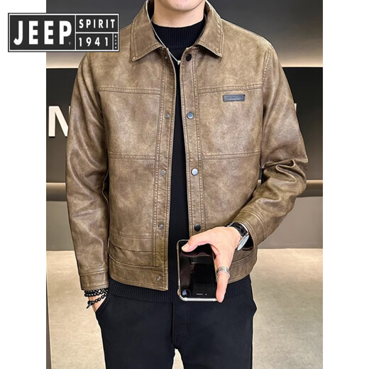 JEEP SPIRIT Jeep Amerikanische Modemarke Lederjacke Herren Herbst und Winter 2025 neuer samtverdickter Retro-trendiges Motorradleder Kaffeefarbe normal M 90-110Jin Jin entspricht 0,5 kg