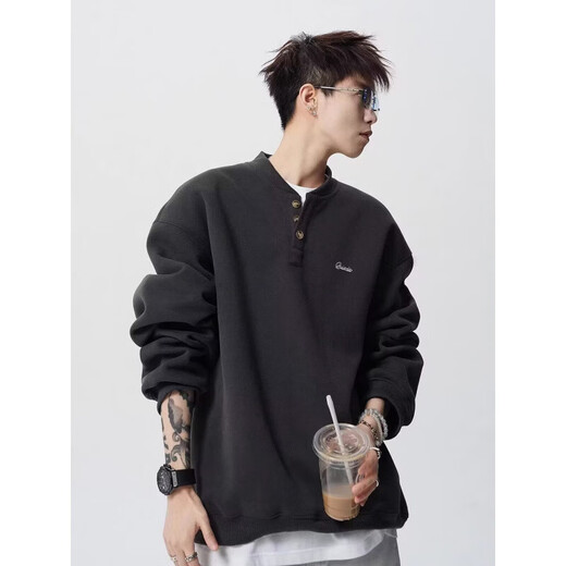 Heavy letter sweatshirt men's autumn and winter American fashion brand Henry collar long-sleeved retro inner layering shirt jacket black XL recommended 120-140Jin Jin equals 0.5 kg