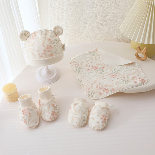 Mofan Bear Newborn Hats and Socks 4-piece Set Baby Fetal Caps 0-3 Months Autumn and Winter Boneless Anti-Scratch Gloves Baby Socks Newborn Gift Flower Newborn Four-piece Set