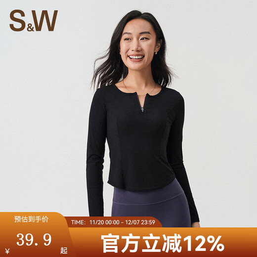 S&W Suwei Sports Long Sleeve Autumn and Winter Yoga Wear Pilates Fitness Training Wear Sports Top Elastic Slim Fit Women's Dark Black XL