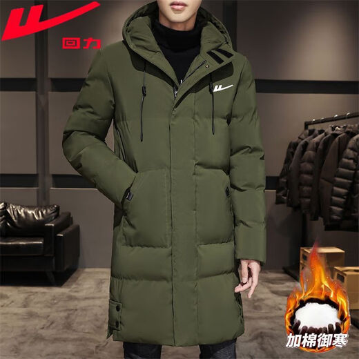 Warrior winter thickened windproof men's casual cold-proof long hooded cotton jacket mid-length new white duck down cotton jacket black thickened warm mid-length XL recommended 130-145Jin Jin equals 0.5 kg