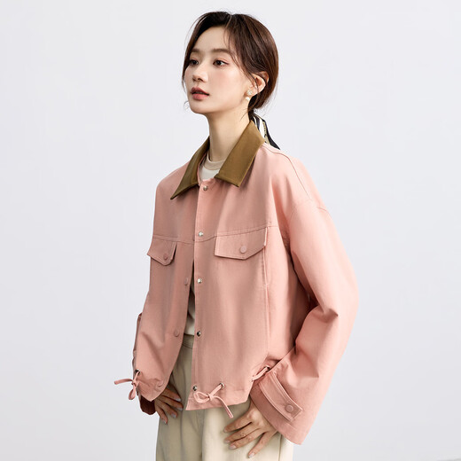 INMAN Pure Cotton Revealable Jacket Women's 2025 Autumn Loose Fashionable Contrast Color Lapel Work Jacket Top Lotus Pink S