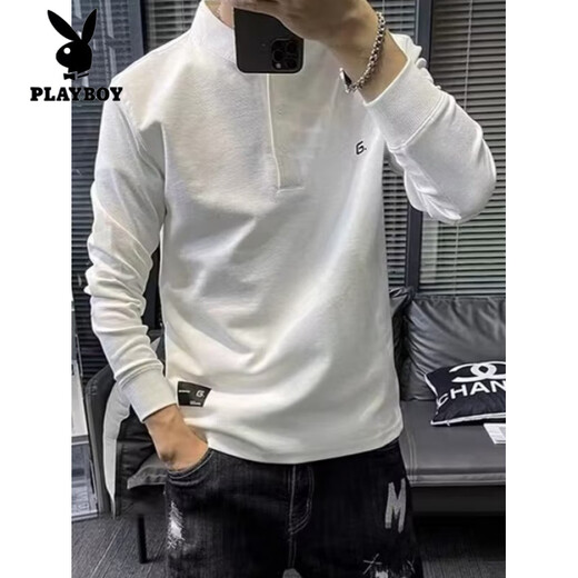 Playboy (PLAYBOY) Henry collar sweatshirt men's spring and autumn style embroidered trendy casual T-shirt long-sleeved bottoming shirt loose men's inner top black regular M