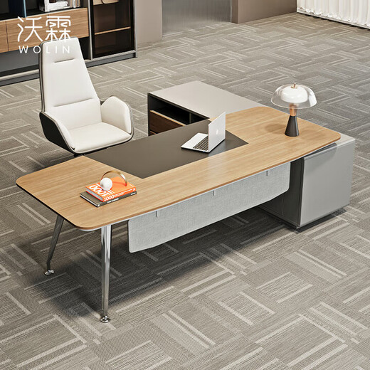 Boss desk light luxury office desk modern manager desk president office supervisor desk and chair combination E0 plate B type 1.4 meter desk - left side cabinet - eucalyptus color