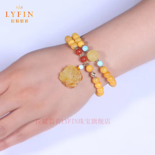 La Yun Feiyin Natural Amber Chicken Butter Yellow Beeswax Bracelet Fidelity Turquoise Peony Flower Pendant Bracelet Multi-circle Design Natural Amber Chicken Butter Beeswax Bracelet